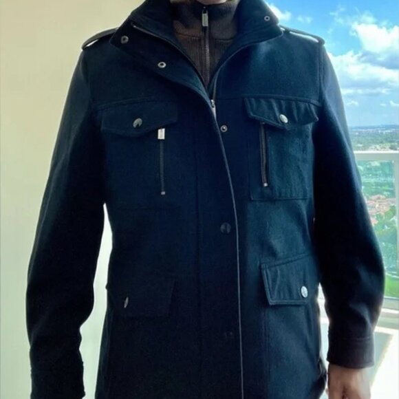 MICHAELS KORS WOOL BLEND MEN'S PEA COAT NWOT SZ L- GORGEOUS- HEAVY ACCENT PULLS/ - Picture 1 of 7